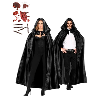 Kit Capa Bruxa Drácula Vampiro Unissex + Ferimento Falso Fantasia de Halloween Unissex Capa Dracula Vampiro Bruxo