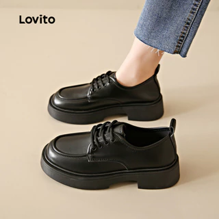Lovito Vintage liso Retro estilo de couro preto Jk barco sapatos para mulher LFA76314