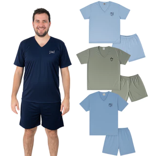 Pijama Verão Masculino Manga Curta Básico Bordado Sortido P ao GG em Oferta na Shopee