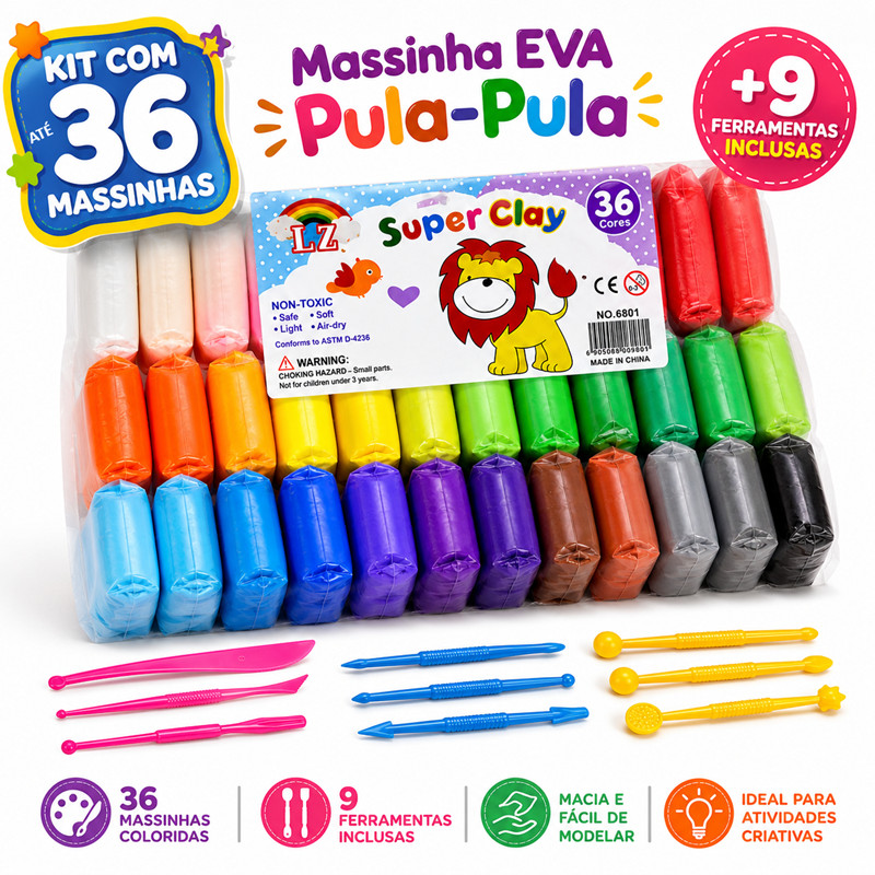12 a 36 Massinha Argila Pula Pula de E.V.A Super Leve + 3 Ferramentas Brinde Brinquedos