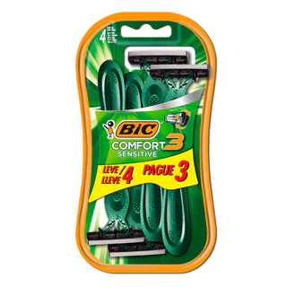 Barbeador descartável Confort3 Sensitive Verde 4 unidades Bic em Oferta na Shopee