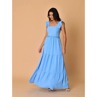 Helena Vestido longo luxo duna lisa com babada na manga renda na cintura em Oferta na Shopee