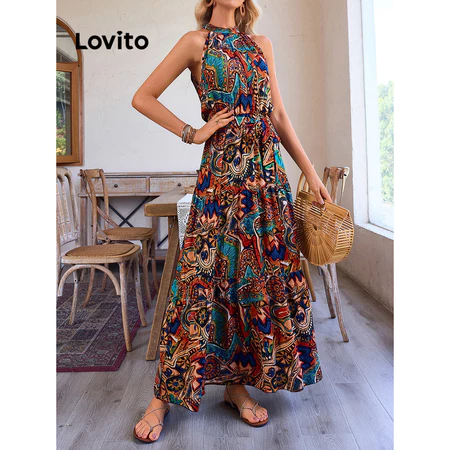 Vestido boho com estampa tribal e cinto - cava americana - frio