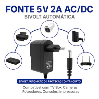Fonte 5V 2A Bivolt Plug P4 5.5mm Para TV Box Conversor Receptor