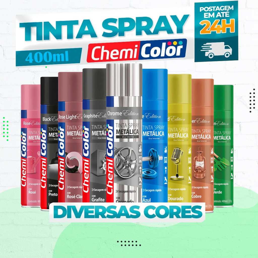 Tinta Spray ChemiColor 400ML METÁLICO Cores Acabamento Perfeito