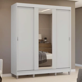 Guarda-Roupa Casal com Pés 3 Portas de Correr com Espelho Branco Reno Madesa em Oferta na Shopee