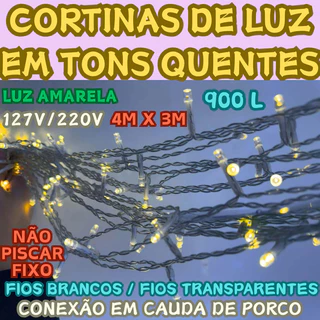 Cortina De Luz Amarela  4Mx3M Fio Transparente Com Luzes Em Cadeia 127V Ou 220V 900L Não Piscar Fixo em Oferta na Shopee