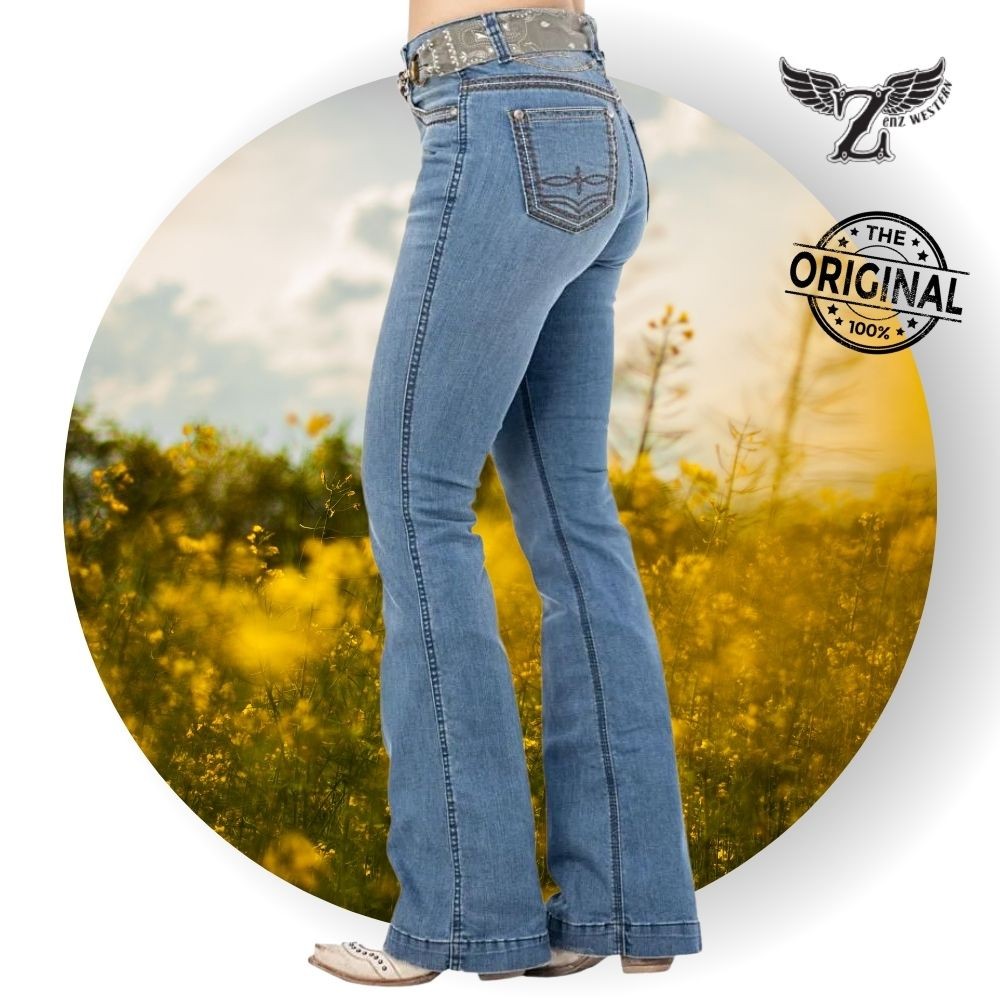 Calça Feminina Zenz Jeans Marfa Flare Bordado Verde Com Cinto De