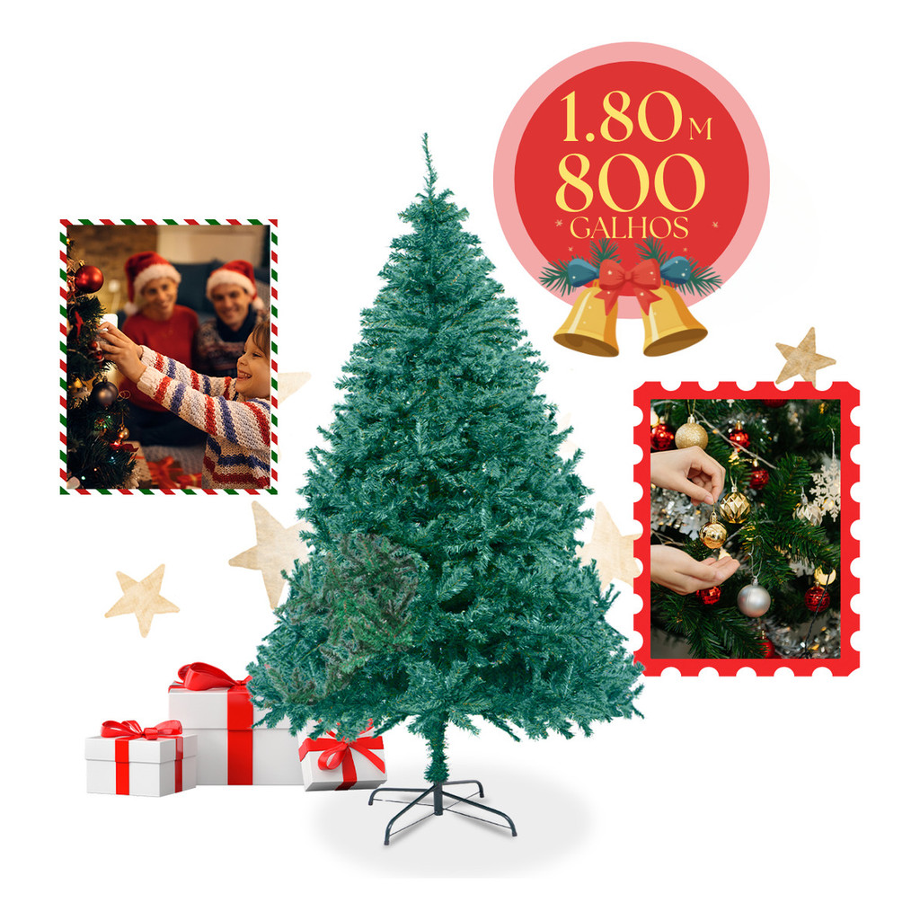 Árvore De Natal Tradicional Pinheiro Luxo 1.80m 800 Galhos Cheios Montagem Rápida Decorativa Natalina Luzes de Natal