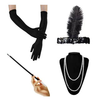 Fantasia Melindrosa Preta Cabaré Tiara Colar Luva Feminina Adulto Carnaval Festa Cosplay