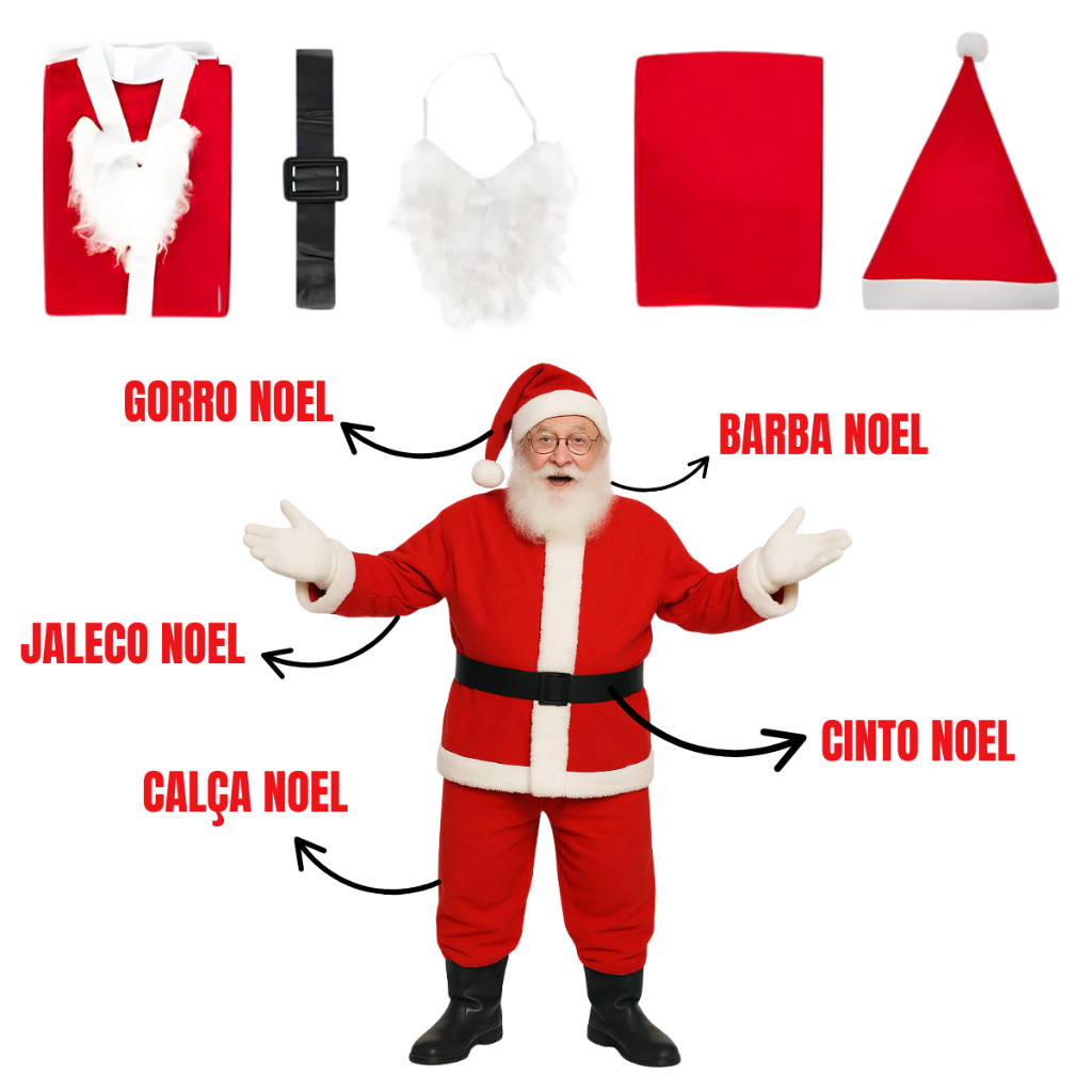 Roupa de Papai Noel 5 Peças Adulto Fantasia Completa (Gorro, Barba ...