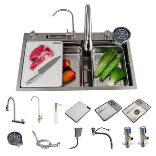Kit Cuba Gourmet Aço Inox Premium Torneira Lavador Copos Completa Acessórios 75 x 45 CM luxo