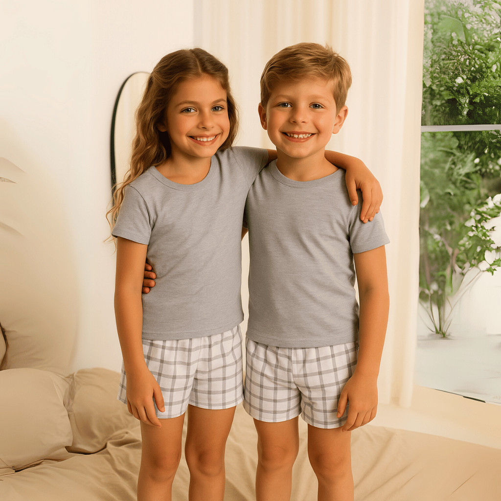 Pijama Infantil Menino Menina Criança Unissex Curto Verão Xadrez em Oferta na Shopee