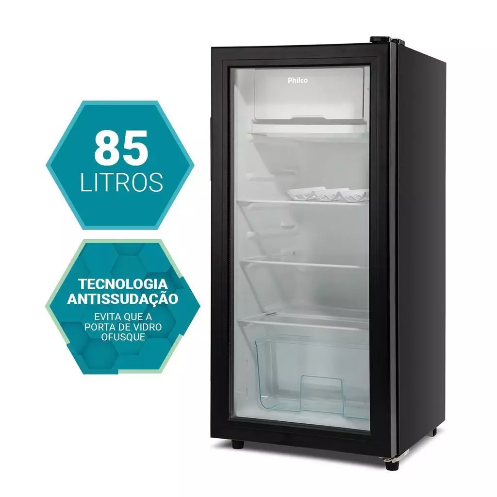 Vista lateral do frigobar Philco 85L preto destacando as informações de capacidade e tecnologia antissudação