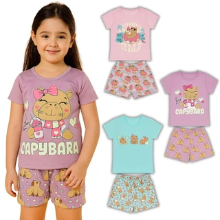 Pijama Brilha no Escuro Conjunto Menina Infantil Capivara Malha Levinha Verão Calor em Oferta na Shopee