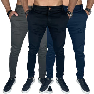 Kit 3 Calça Masculina Sarja Colorida Bolso Embutido Moda Casual Para Eventos