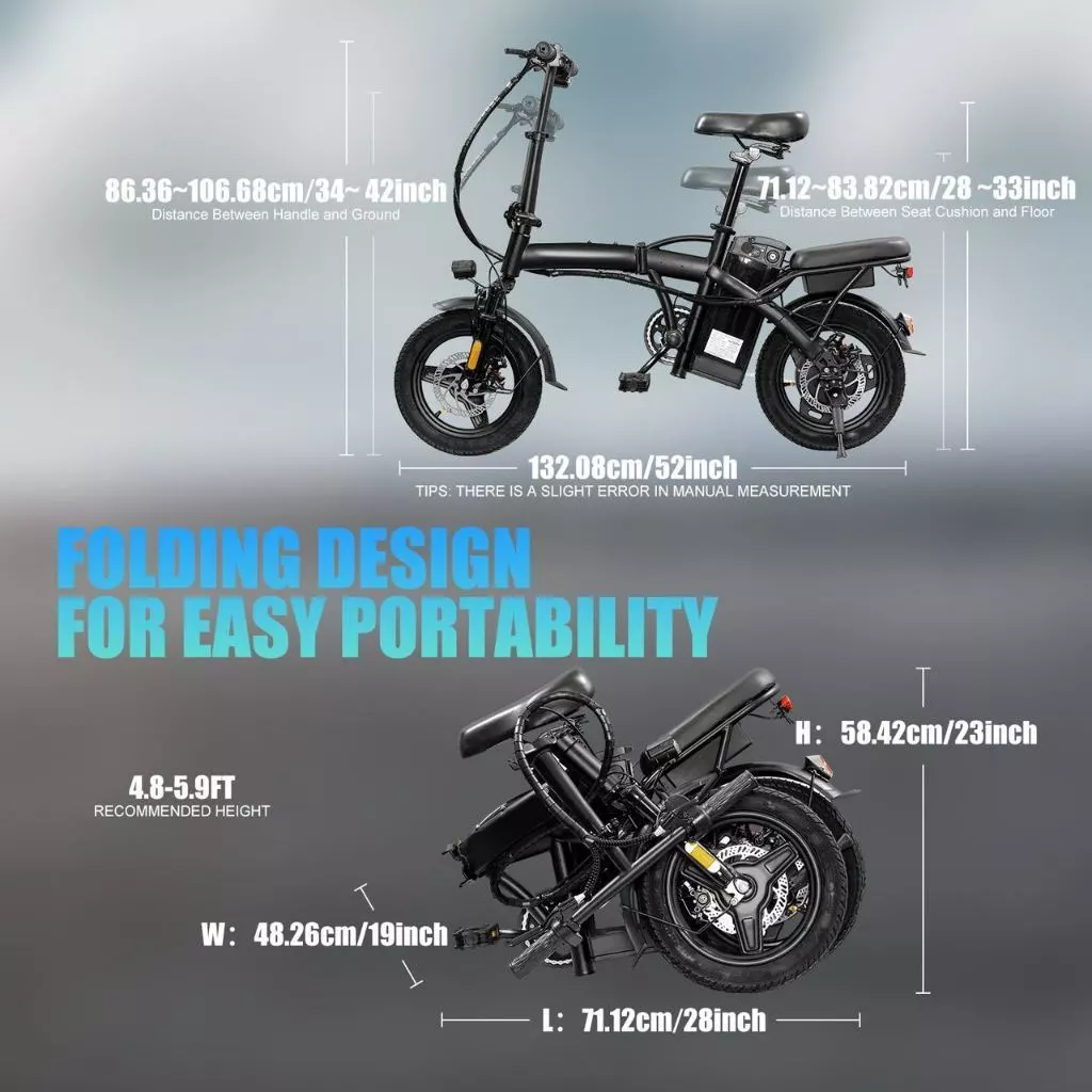 Diagrama da bicicleta elétrica dobrável NUDA mostrando suas dimensões detalhadas quando aberta e quando completamente dobrada, destacando a portabilidade.