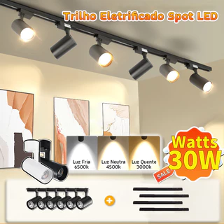 Kit de 1M Trilho Eletrificado Spot Led 7W a 30W Bivolt Kit Preto ou Branco Luz 360° Luz Branca, Luz Neutra e Luz Amarela