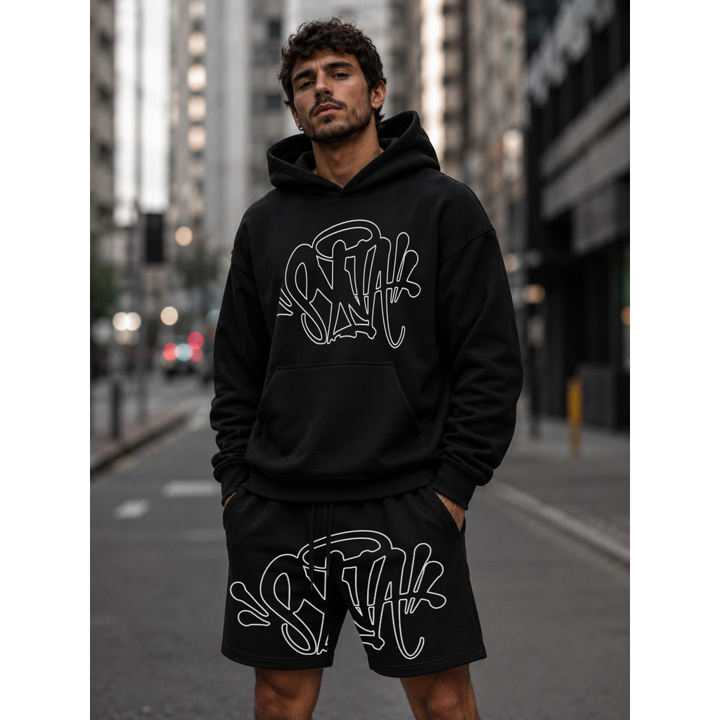 Kit Moletom + Short Streetwear Estilo De Rua Syna Y2k Black Orange