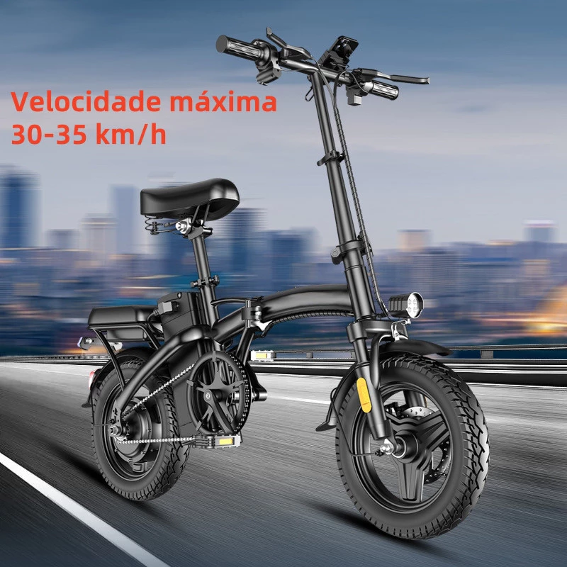 Bicicleta elétrica dobrável NUDA preta em uma estrada com horizonte urbano ao fundo, destacando sua velocidade máxima de 30-35 km/h.