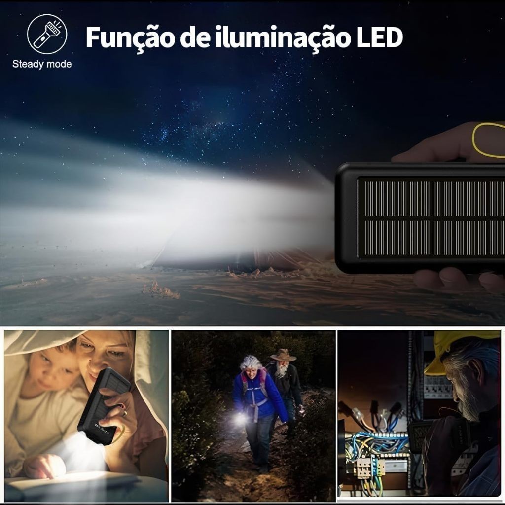Product image Carregador Portátil Power Bank Solar 20.000mah Com cabos 5 Em1 LED lanterna 5