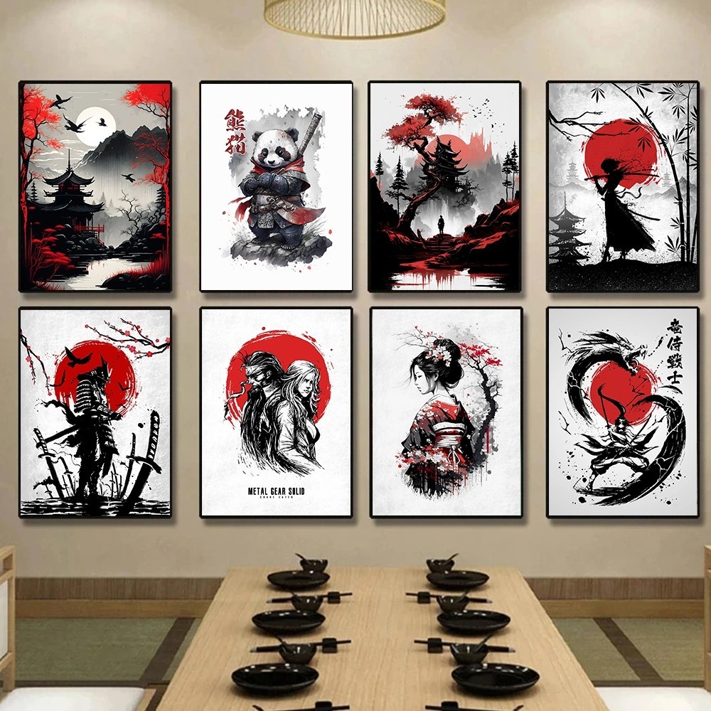 Quadro Japonês Samurai, Arte Mural, Guerreiro, Panda e Gueixa Poster, Para Sala de Estar, Decoração 30x20cm