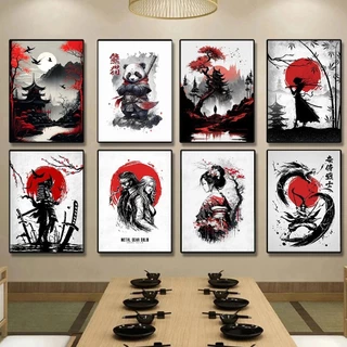 Quadro Japonês Samurai, Arte Mural, Guerreiro, Panda e Gueixa Poster, Para Sala de Estar, Decoração 30x20cm