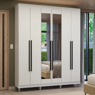 Guarda-Roupa Casal com Pés 6 Portas Batentes com Espelho Branco/Branco/Preto Venus Madesa em Oferta na Shopee