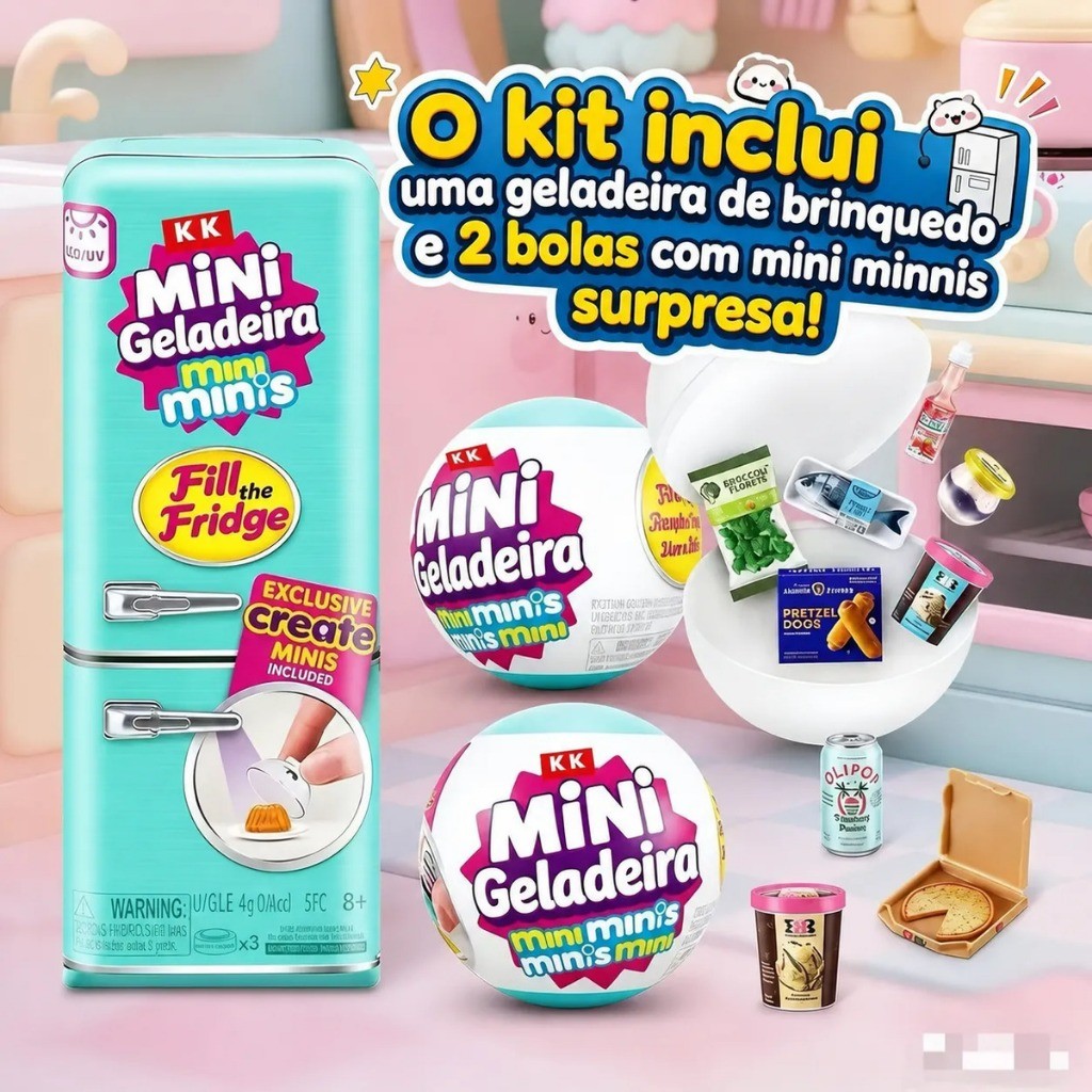 Mini Brands Geladeira Brinquedo + 2 Bolas Mini Minis Surpresa