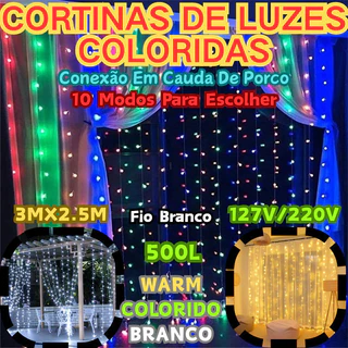 Cortina Cascata De Luzes 3M x 2.5M 500 LED Coloridas Fio Branco 10 Modos Bivolt 127V Ou 220V em Oferta na Shopee