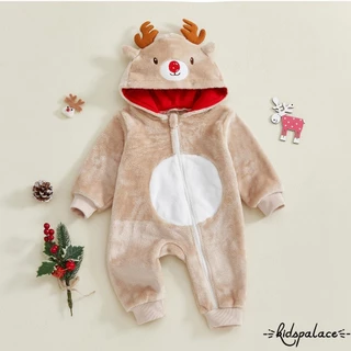 Macacão De Rena De Natal Para Bebês , Capuz De Manga Comprida De Pelúcia Com Zíper E Comprimento Total , Roupas De Outon