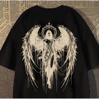 Camiseta Unissex Oversized, Estampa Anjo Gótico com Asas, Streetwear Novo