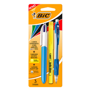 Kit Universidade caneta retrátil 4 cores + marca texto + lapiseira Bic em Oferta na Shopee
