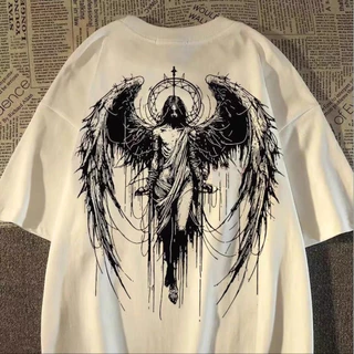 Camisa Camiseta Oversized Masculina e Feminina Estampada Anjo Gótico com Asas Religião Anjos Streetwear Novo