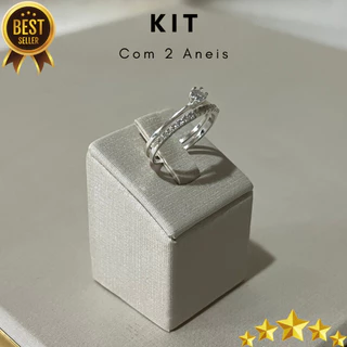 Kit com Dois Anéis Anel Solitário Liso e Aparador de Aliança Cravejado Prata Legitima 925 Anel Feminino