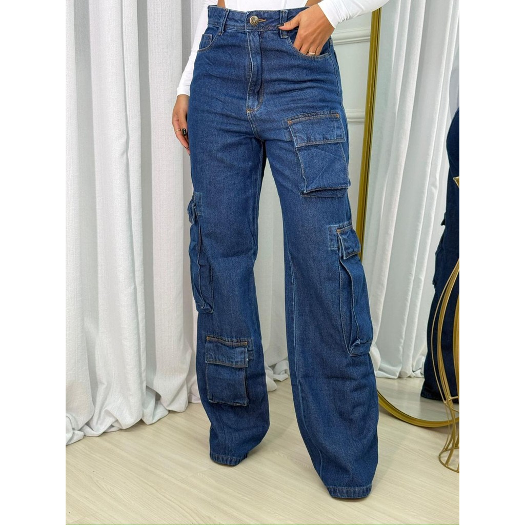 Calça Cargo Feminina Wide Leg Bolsos grandes Sal e Pimenta | Shopee Brasil