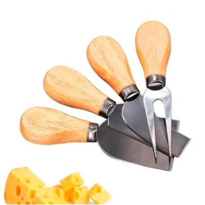 Kit Jogo 4 Peças Corta Queijo Provolone Parmesão Doces Faca Garfo Inox WL-2474
