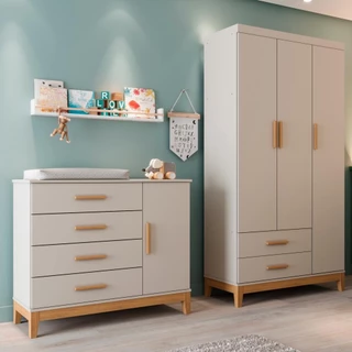 Quarto Bebê Completo Guarda Roupa 3 Portas Cômoda 4 Gavetas 1 Porta Hellen 100% MDF em Oferta na Shopee