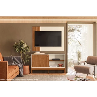 Painel c/ Rack para TV 50 Polegadas Ripado Amadeirado Sala Moderna c/ Porta Prateleiras Organização em Oferta na Shopee