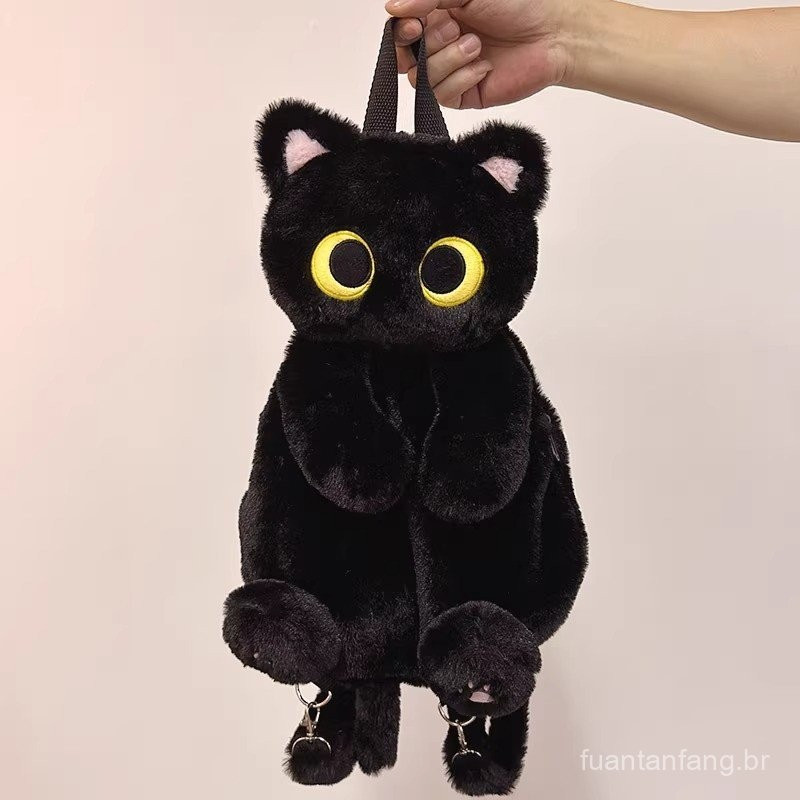 Mochila de Pelúcia Kawaii com Olhos Grandes de Gato, Bolsa
