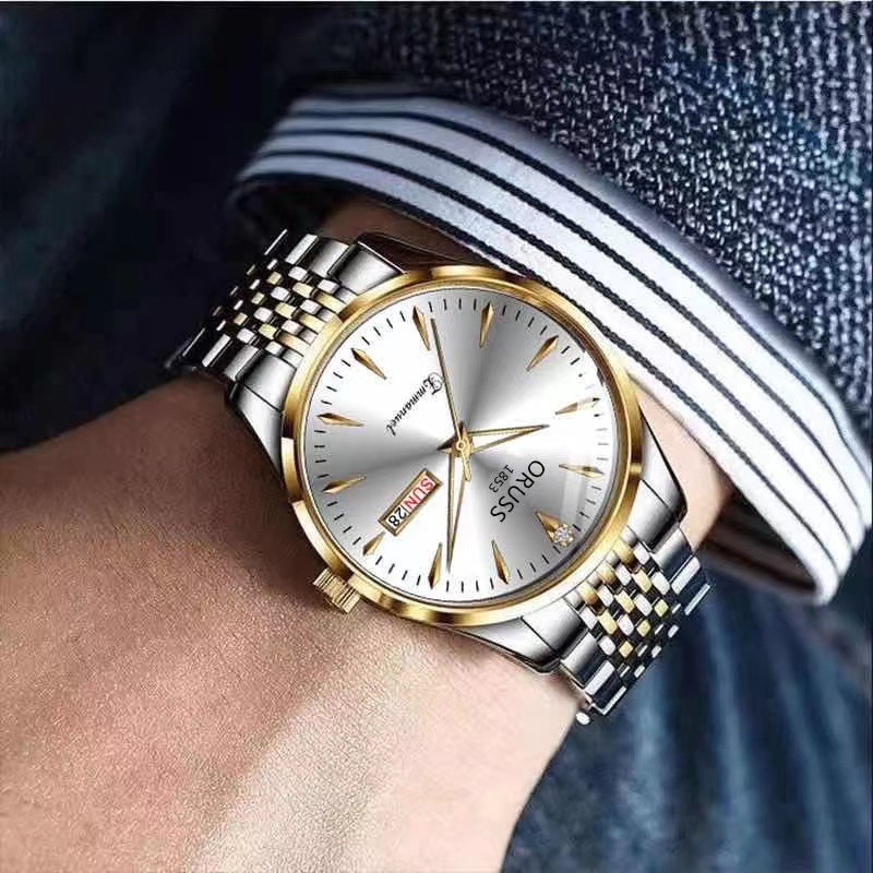 ORUSS Relógio Original de Aço Inoxidável de Luxo Calendário Duplo