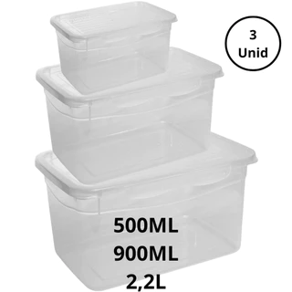 Kit 3 Potes Com Tampa e Trava Altos 500ML 900Ml e 2,2L Transparente