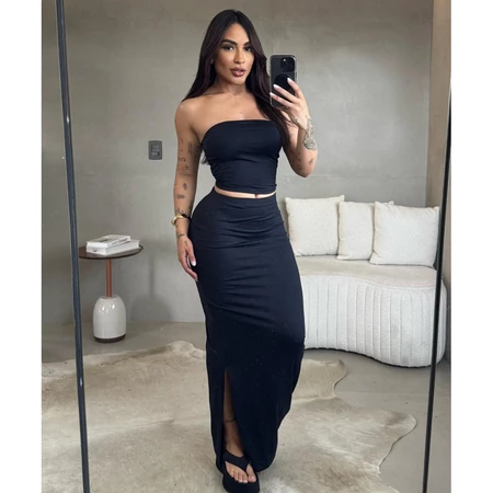 Conjunto Cropped Tomara que Caia Saia Midi Fenda