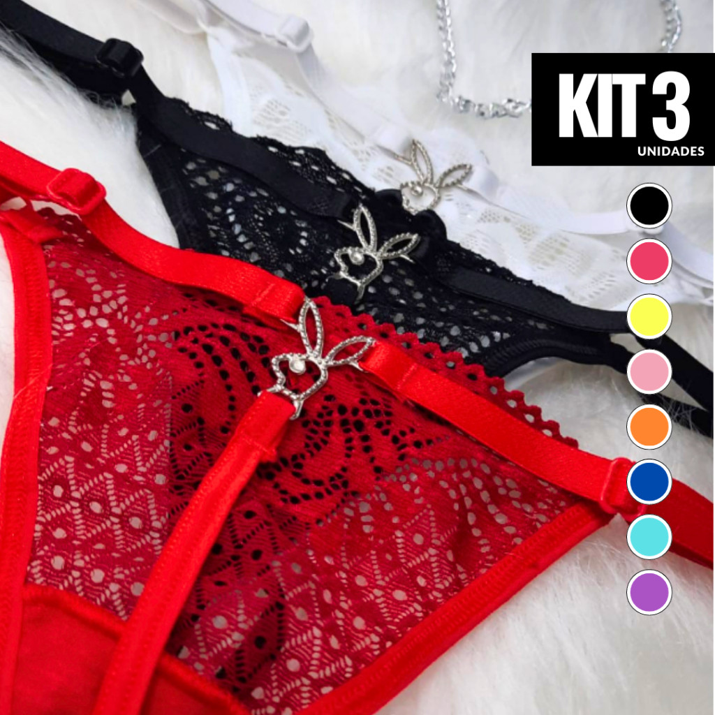 Kit 3 Calcinha Playboy Fio Dental Renda Sexy Sensual Feminina Lingerie  Playboy | Shopee Brasil