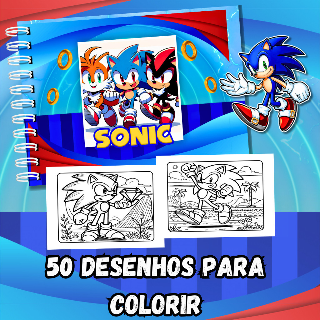 Livro De Colorir Sonic Capa Dura 50 Desenhos Folha A5 180g Capa Dura ...