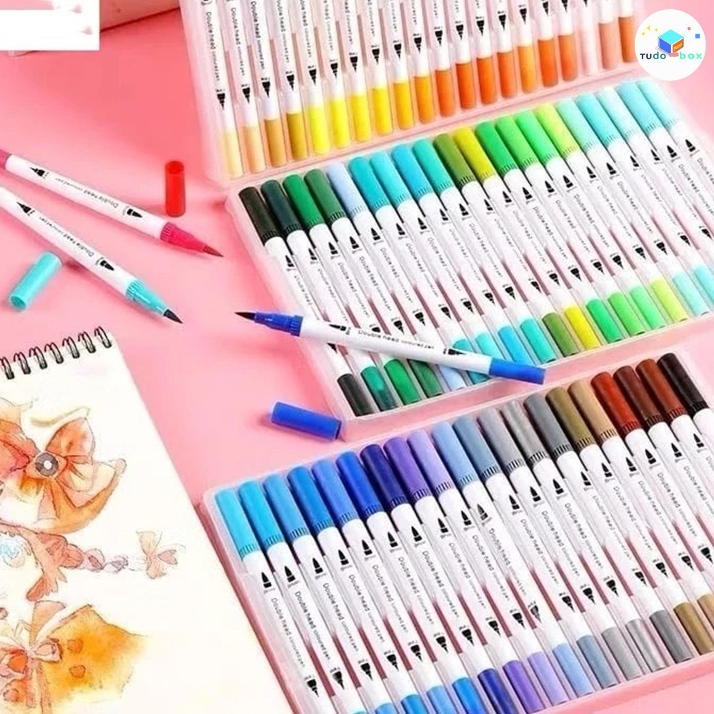 Kit 12/24/36/48/60 Canetas 2 em 1 Brush Lettering e Ponta Fina Dual Pen Canetinha Colorir Desenho
