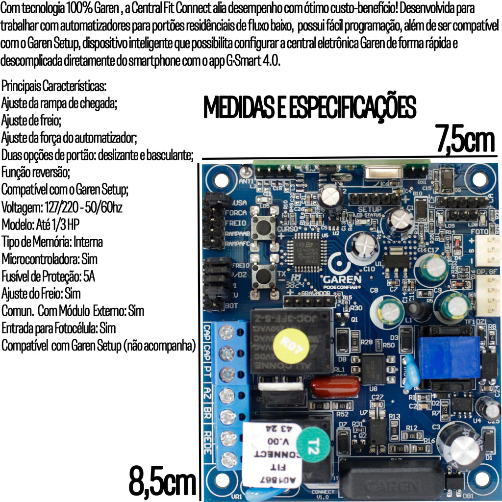 Placa Central Fit Connect Motor Portão Eletrônico + Capacitor de Partida Garen