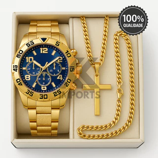 Relógio Masculino Aço inox A PROVA D'ÁGUA Conjunto c/ Corrente + Pulseira e Pingente Presente Pais Namorado