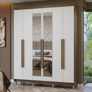 Guarda-Roupa Casal com Pés 6 Portas Batentes com Espelho Rustic/Branco/Rustic Netuno Madesa em Oferta na Shopee