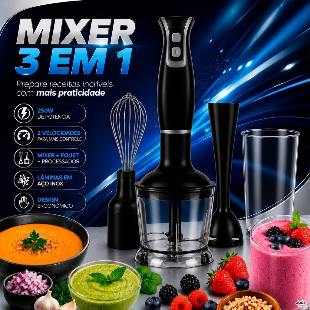 Mixer 3 em 1 250W com Processador 500ml e Fouet para Receitas
